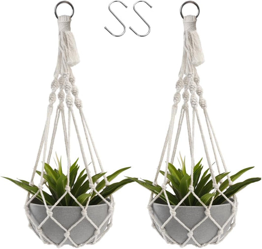 Artilady Macrame Plant Hanger Large Hanging Planter for Indoor Plants Holder White Cotton Rope Hanging Plant Basket Handmade Outdoor Window Boho Plant Wall Decor