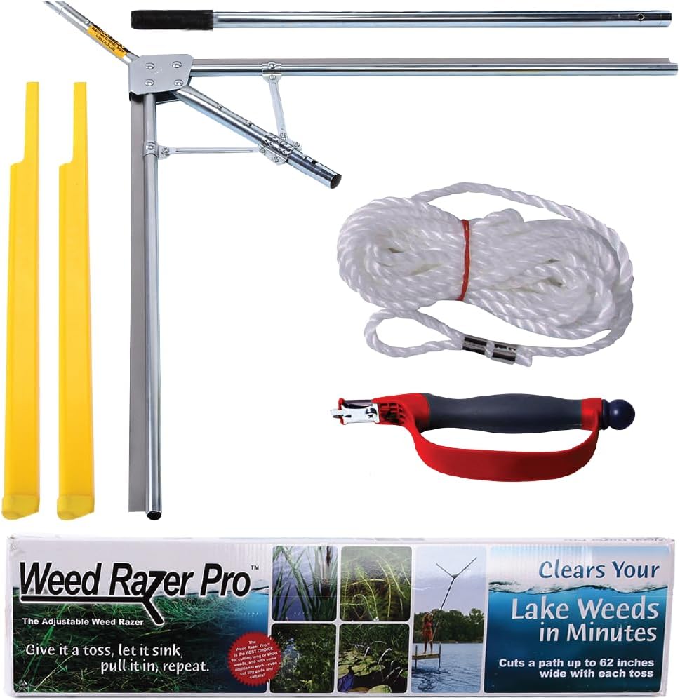 Jenlis Weed Razer Pro, Lake Weed Cutter, Large Pond Aquatic Plant Cutting Tool, Sharp Razor Blades Shear Cattail, Reed, Lilly & Chara Algae, Adjustable 30"-62” Inch Cut Width, 25' Foot Throw Rope