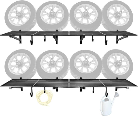 4 Pack 1,5x4ft Heavy Duty Garage Wall Shelving, Garage Shelving Wall Mounted, Storage Rack with Hooks (Black)