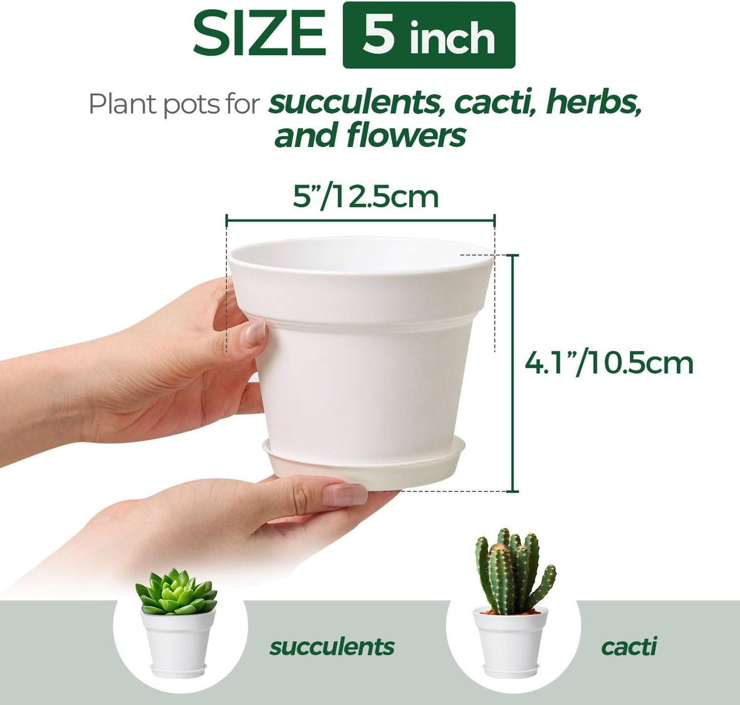T4U 5 Inch Plant Pot 8-Pack, Plastic Pots with Drainage Hole and Saucer, Decorative Flower Pots Bulk for African Violet, Snake Plant, Succulent and All House Plants Indoor (8pcs 5" Pots, White)