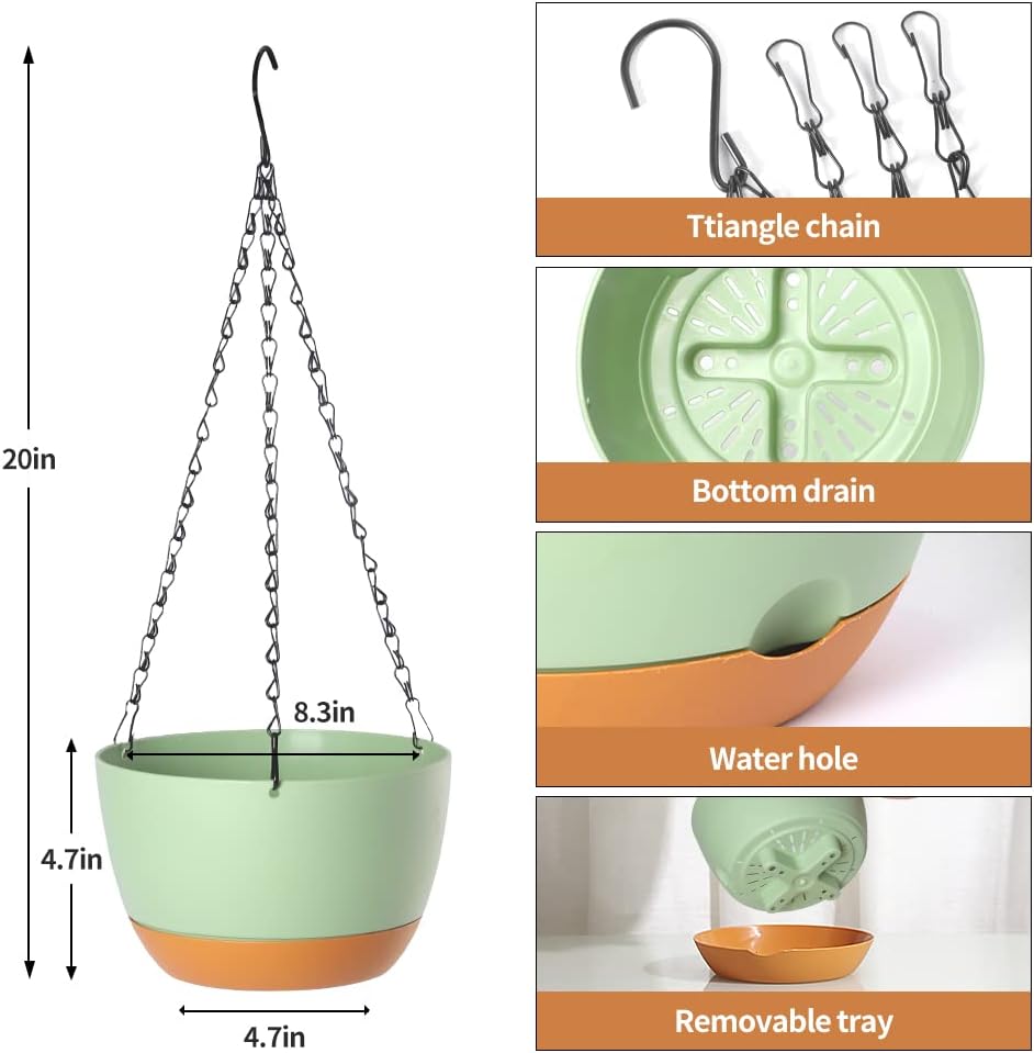2 Pack Plastic Hanging Planters Set ,8.3 Inch Hanging Flower Plant Pot with Drainage Hole for Indoor Outdoor Plants, Round Hanging Basket with Removable Tray for Home Garden Porch Balcony Patio Decor