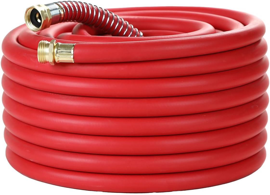 75FT 5/8 Heavy Duty Rubber Garden Hose - 200psi Working, 1000psi Burst - Hot/Cold Water - Five-Layered Braiding for Durability - Versatile for Gardening, Agriculture, Construction(Red)