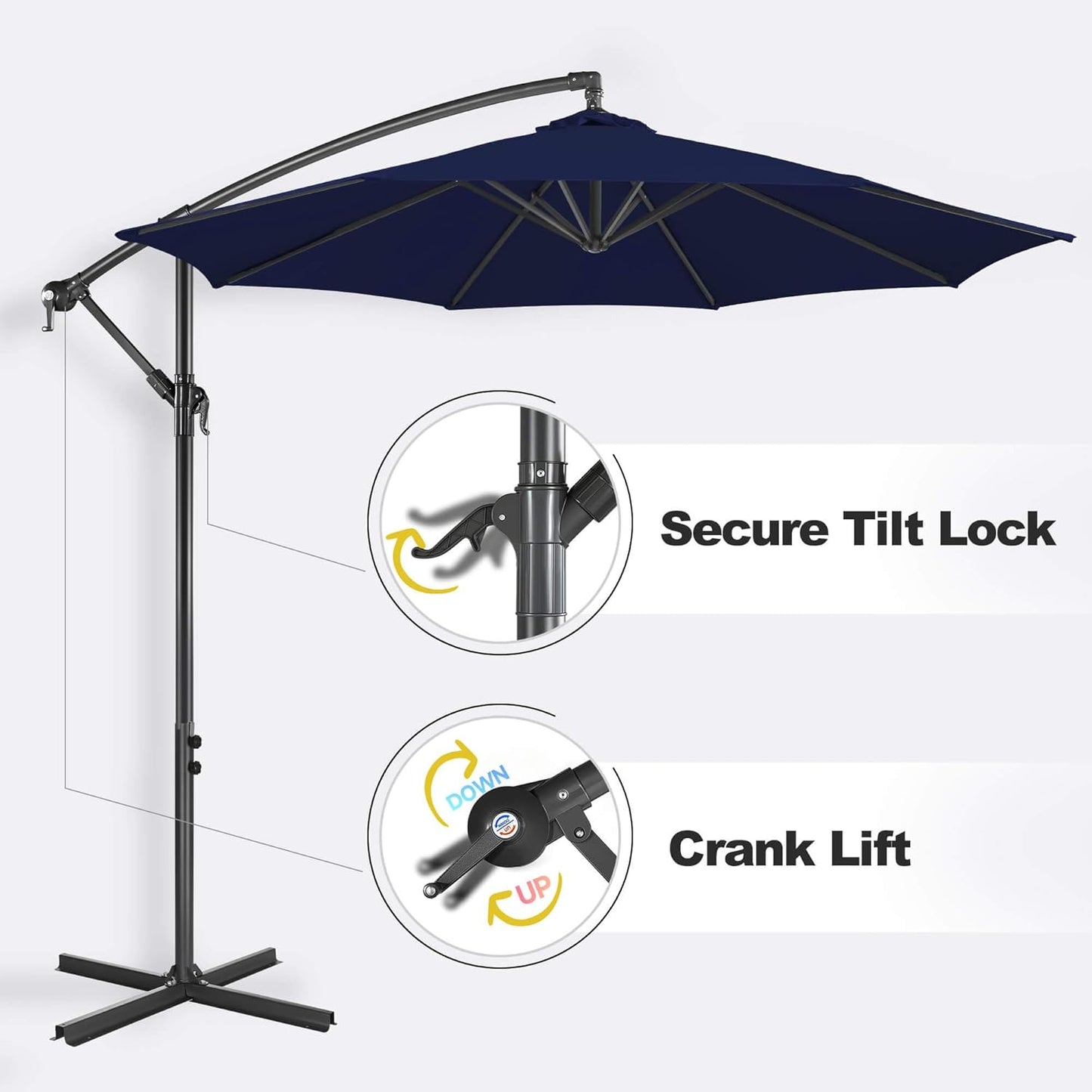 FLAME&SHADE 10ft Cantilever Patio Umbrella Outdoor, Large Offset Umbrella with Crank and Cross Base, UPF 50+ UV Protection Hanging Umbrella for Pool Deck Garden, Navy Blue