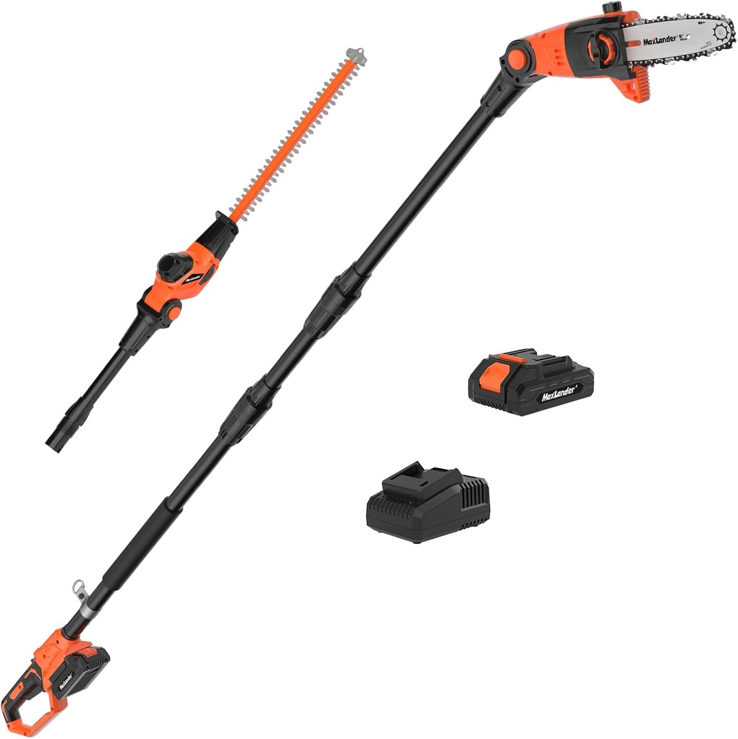Pole Saw 8-Inch Cordless Pole Saws for Tree Trimming and 18-Inch Pole Hedge Trimmer 2-in-1, 15-Feet MAX Reach, 16ft/s Speed, Auto Oiling Pole Chainsaw with 20V 2.0Ah Battery & Charger