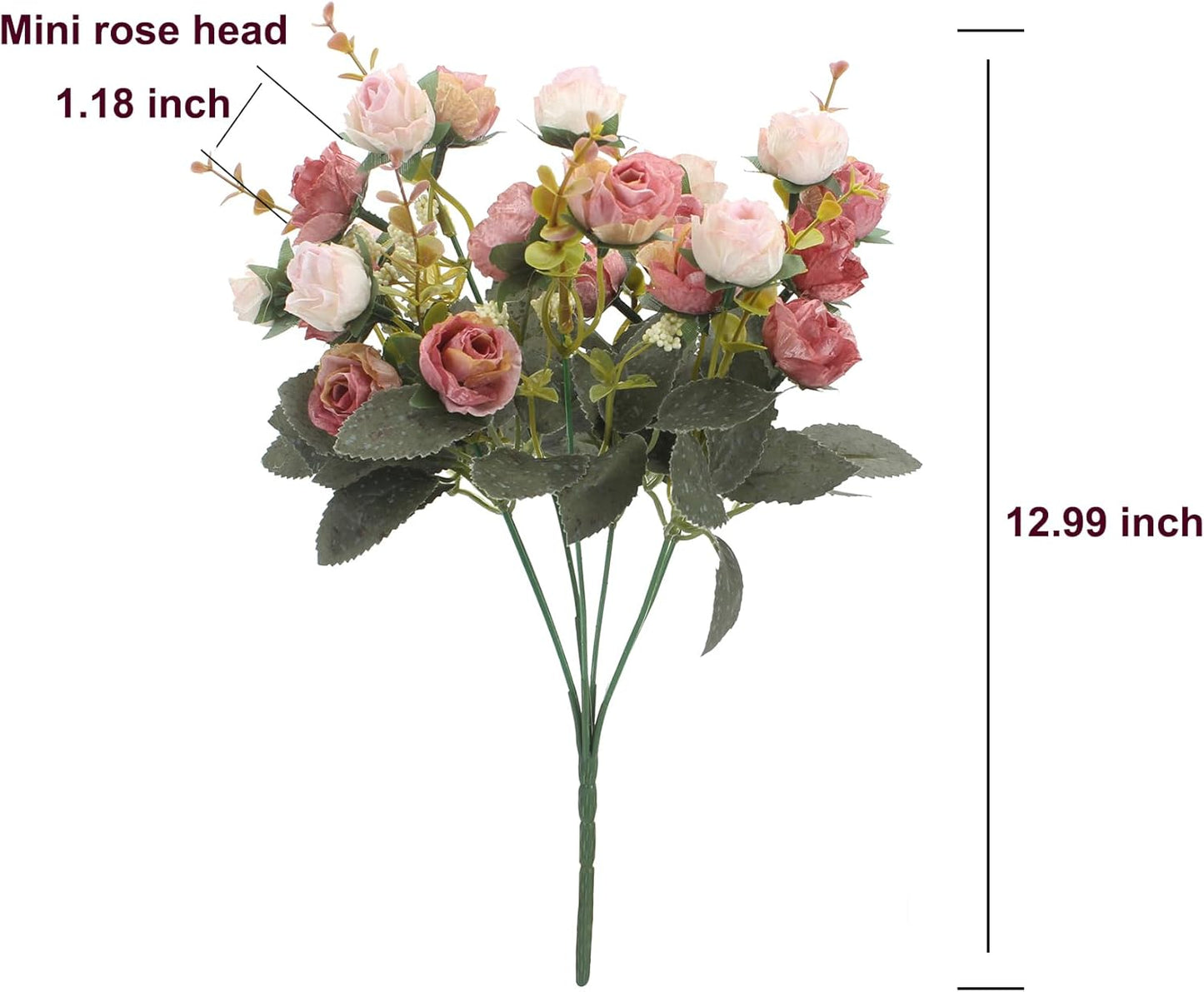Duovlo 7 Branch 21 Mini Rose Heads Artificial Flowers Bouquet Wedding Home Office Decor,Pack of 4 (Pink)