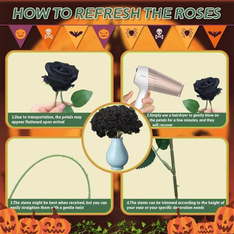 50 PCS Fake Black Roses, Artificial Flowers Bulk Halloween Decorations Realistic Silk Faux Black Roses with Stems for Gothic Wedding Party Decor, Bridal Bouquets DIY Floral Arrangement Home Decor