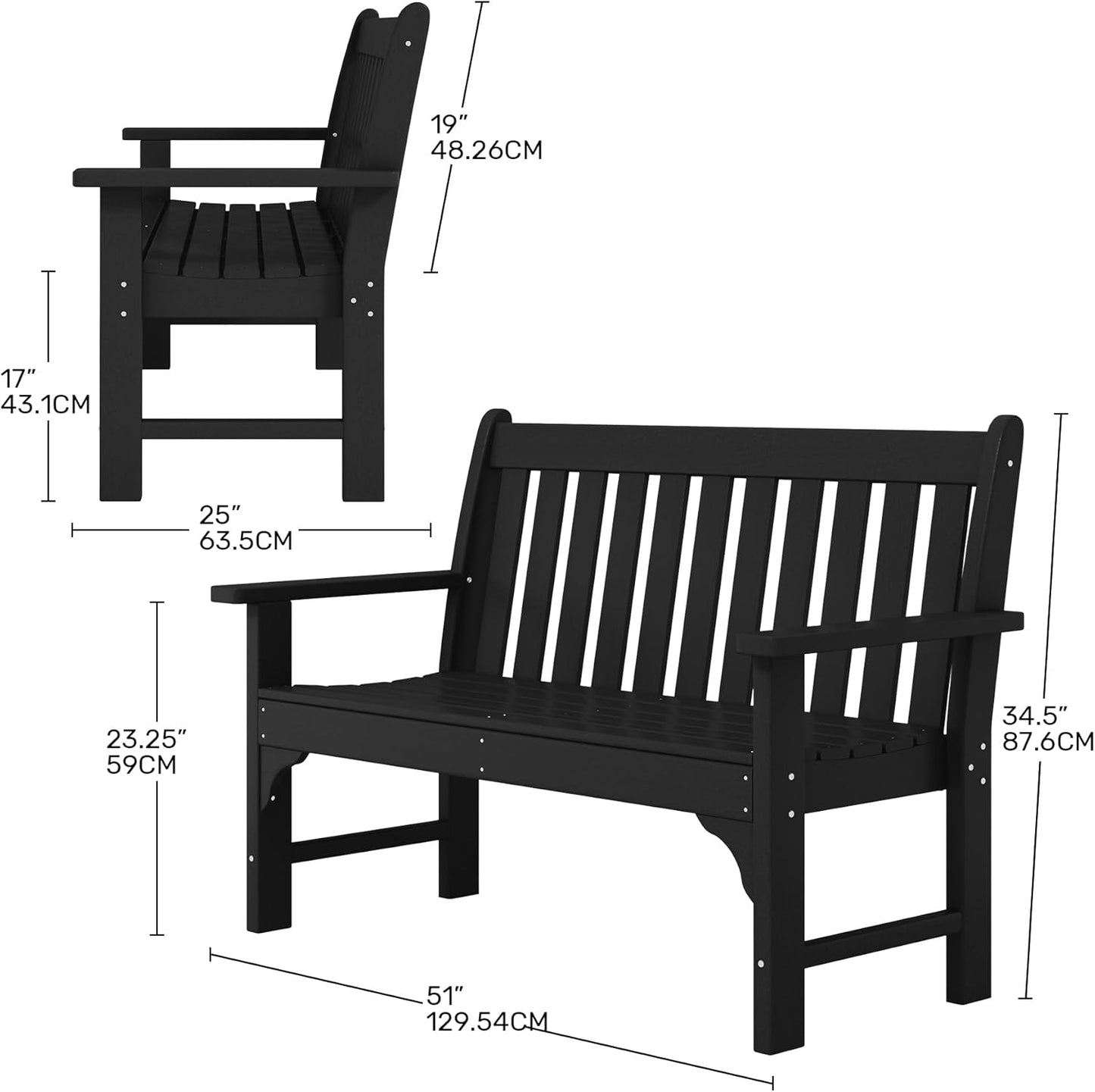 Garden Bench, Farmhouse Park Front Porch for Entryway Bench Outdoor Seating Low Bench Patio Bench Outside/Indoor, Black