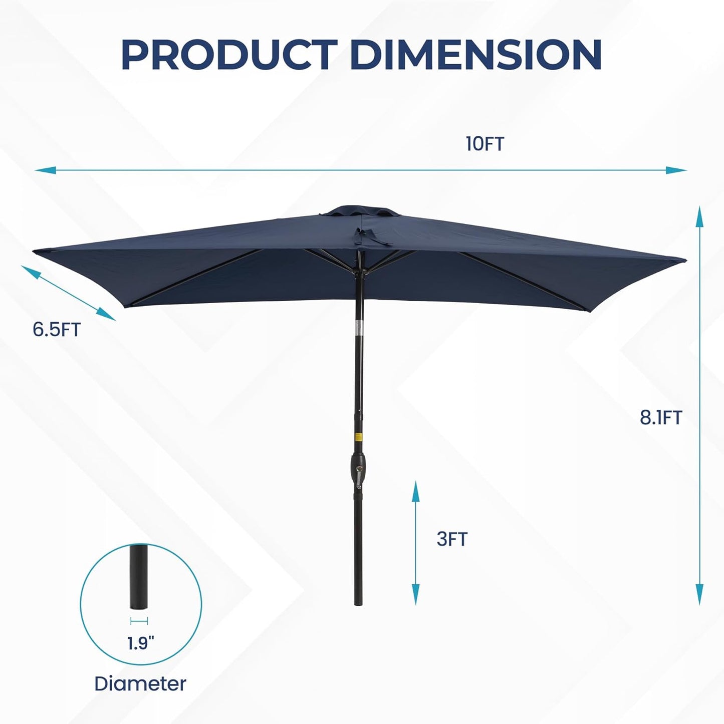 SUNVIVI OUTDOOR Patio Umbrella, 6.5' x 10' Rectangular Patio Umbrella, Metal Pole Square Outdoor Umbrella with Crank and Push Button Tilt, 6 Steel Ribs, Polyester Canopy