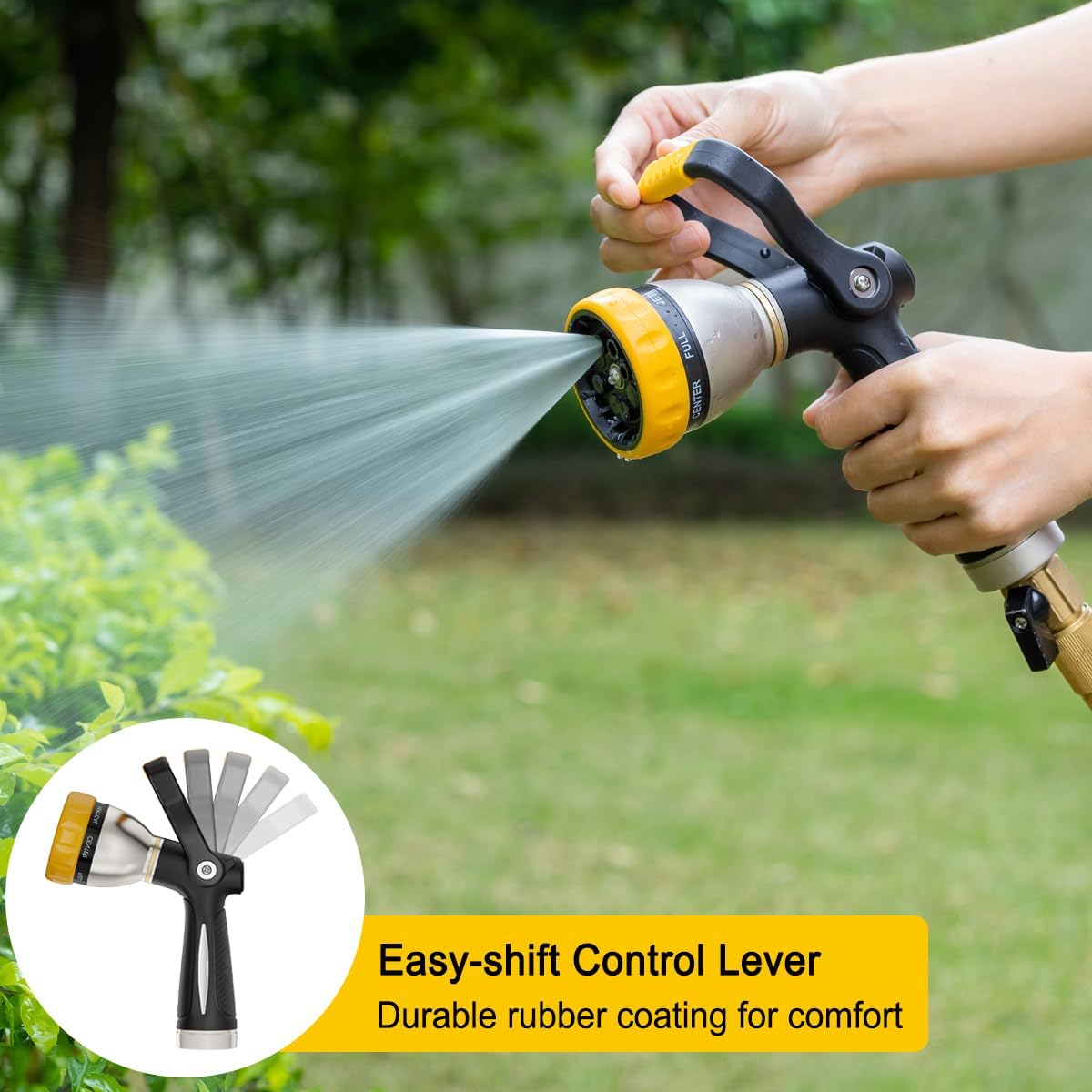 FANHAO Heavy Duty Fireman's Hose Nozzle, Metal Water Nozzle with 8 Spray Patterns, High Pressure Garden Hose Sprayer with Lever Control and Non-Slip Grip to Water Plants & Lawns, Wash Cars & Clean