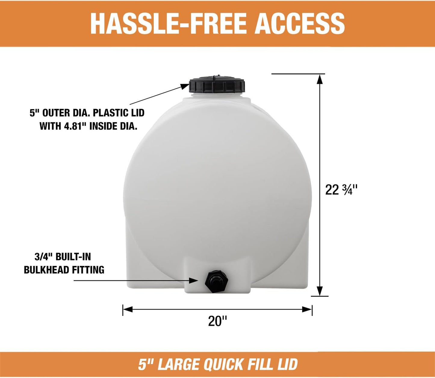 Romotech 82126189 Horizontal Polyethylene Reservoir Water Tank w/Legs, 35 gal, Made In USA, Natural Poly Tank For Non-Flammable Liquids, UV-Resistant, Ideal for Agricultural Use, RV Water Storage