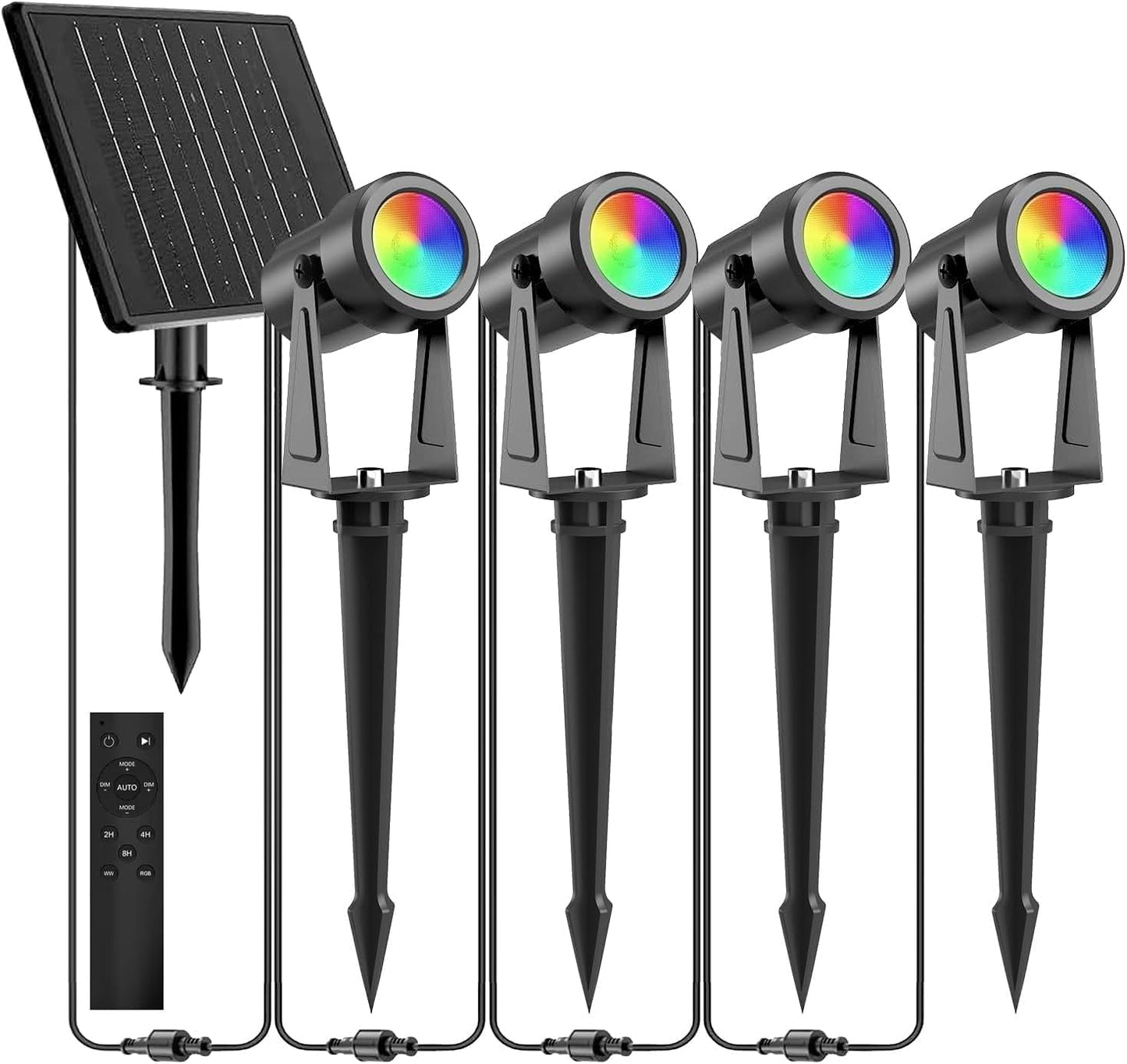 ZYAN Solar Spotlights Outdoor, Solar Landscape Lights with Remote Control, RGBW Colored Spot Lights for Yard, Garden, Lawn, Plant, Tree, Pool Areas, Auto On/Off, Dimmable & Waterproof (4 Pack)