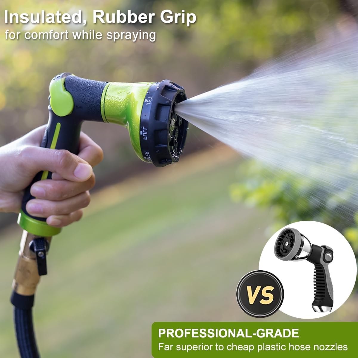 FANHAO Garden Hose Nozzle Heavy Duty, 100% Metal Water Hose Sprayer with 8 Spray Patterns, High Pressure Spray Nozzle Thumb Control On Off Valve for Lawn & Plant Watering, Car & Pet Washing - Green