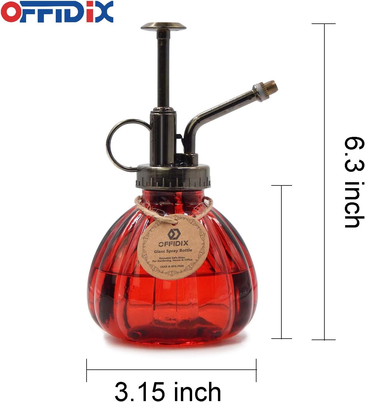OFFIDIX Plant Glass Spray Bottle,Flower Mister Indoor Plant Watering Can Pot 6.3" Tall Vintage Pumpkin Style with Bronze Plastic Top Pump One Hand Small Watering Cans for House Plants(Red)