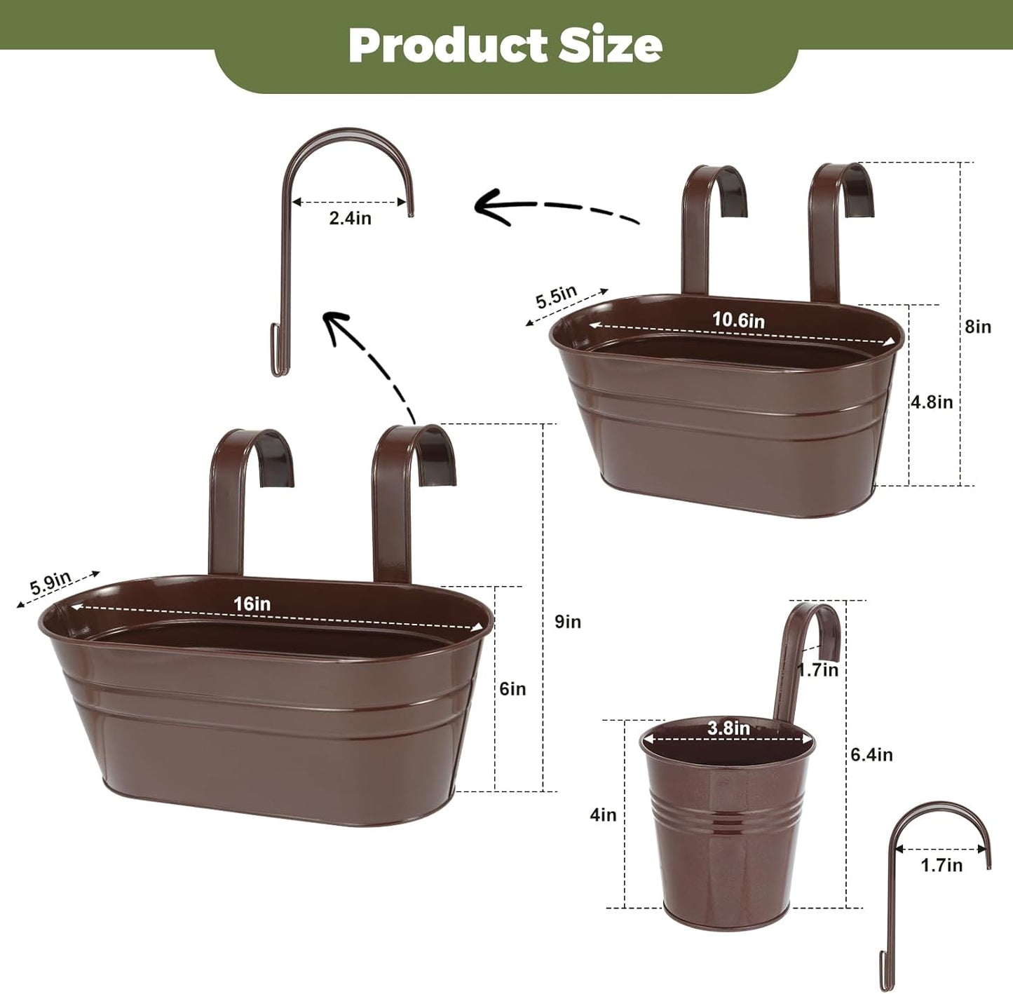 3 Different Size Metal Iron Hanging Flower Pots 13 Pcs for Outdoor Plants Metal Hanging Bucket Pots Iron Railing Fence Planter with Drainage Holes and Hooks for Porch Railing Balcony Fence (Bronze)