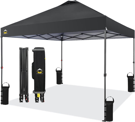 CROWN SHADES 10x10 Pop Up Canopy Tent - Patented Center Lock One Push Instant Outdoor Canopy Beach Tent with STO-N-Go Bag 8 Stakes & 4 Sand Bags，Black