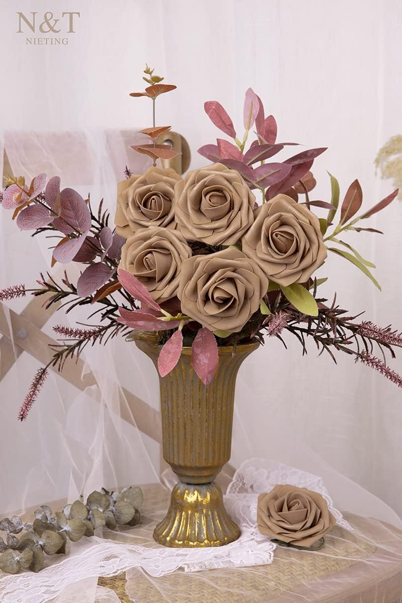 N&T NIETING Artificial Flowers Light Brown Roses, 50 Pcs Faux Flowers Fake Flowers Perfect for DIY Wedding Bouquets Centerpieces Birthday Party Home Flower Arrangement Decorations Fall Flowers