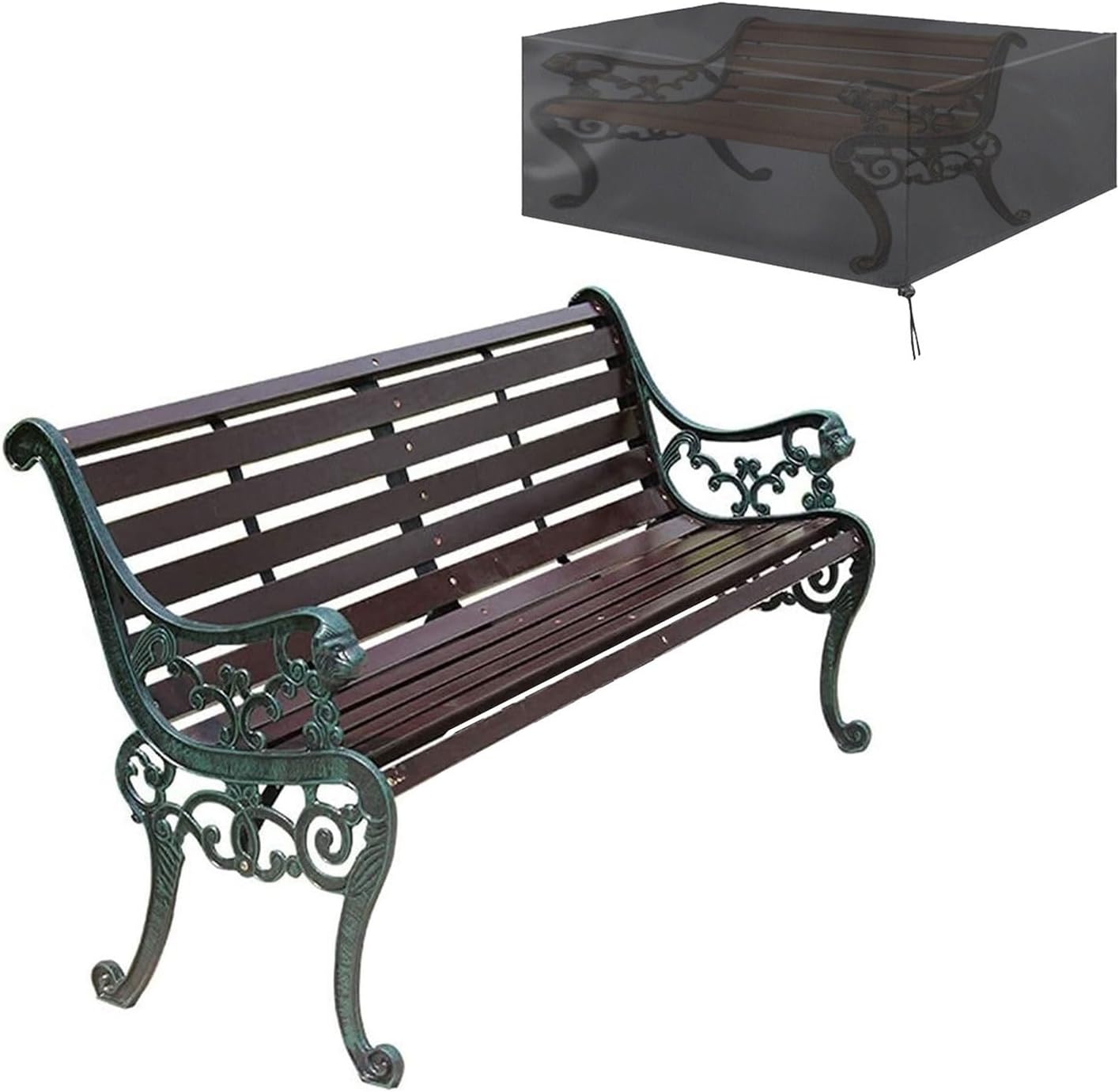 Outdoor Park Garden Bench with Cover, 2-3 Person Wood Patio Bench with Backrest+Armrests Weatherproof, Patio Porch Furniture Cast Iron Frame Bench for Lawn Porch Backyard(Brown+Antique Green)