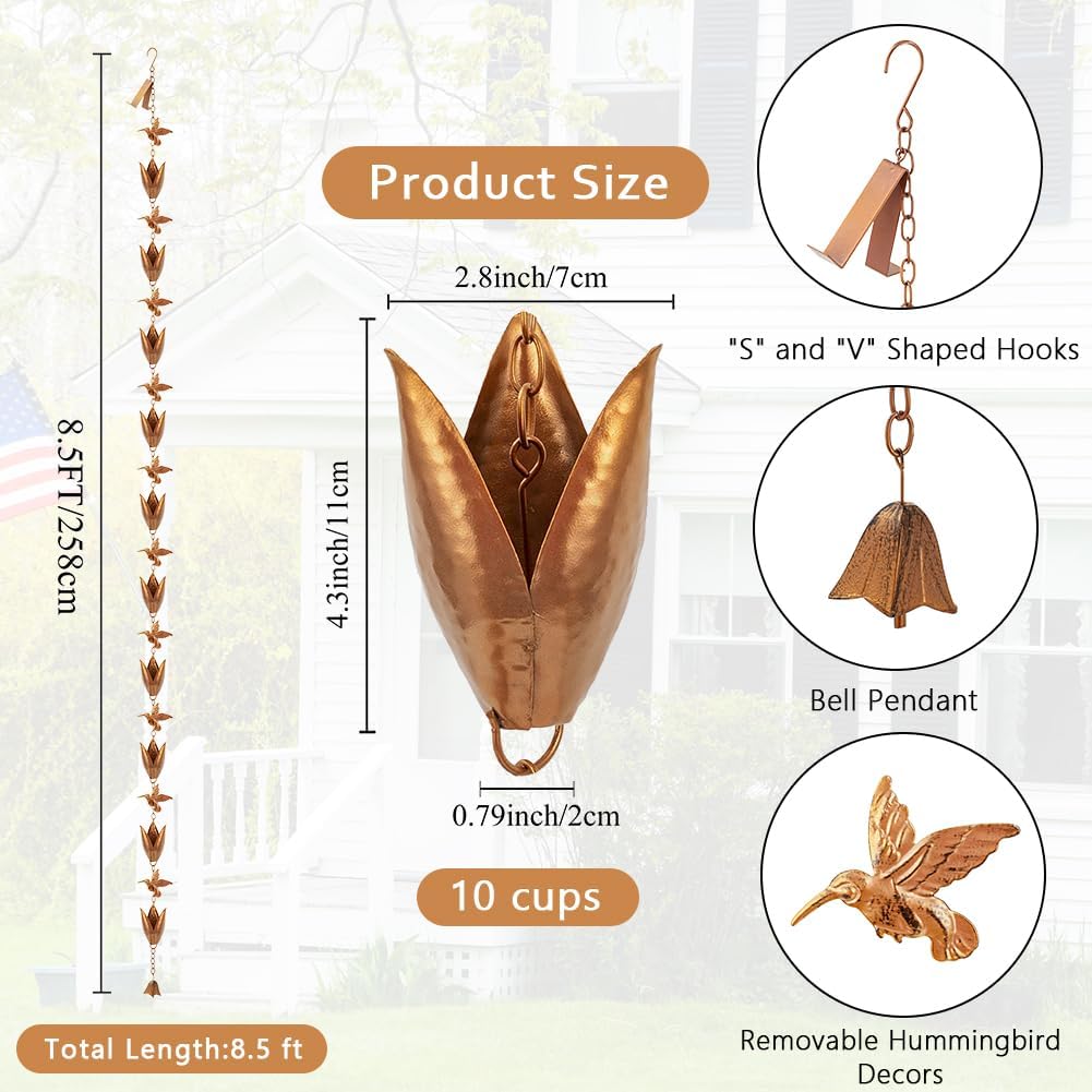 Rain Chains for Gutters, 8.5 Ft Rain Water Chain with 10 Tulip Cups & Detachable Hummingbird Decor, Adjustable Gold Rain Catcher Chain, Replacement for Downspout