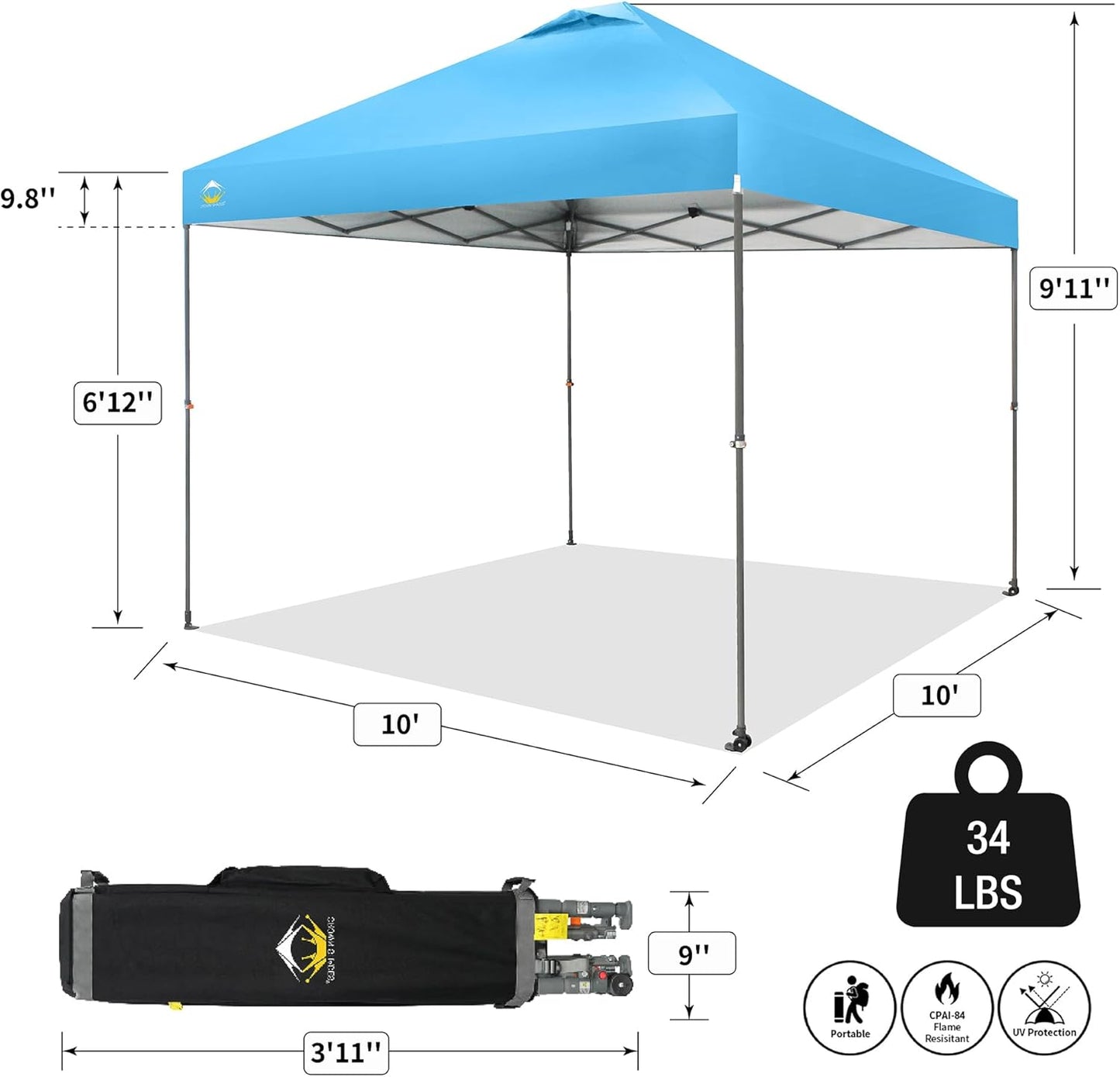 CROWN SHADES Adjustable Height on The Fly, 10x10 Pop Up Canopy - Beach Tent with One Push Setup - Easy Outdoor Sun Shade for Events, Parties, Camping - Outside Shade with STO-N-Go Bag, Sky Blue