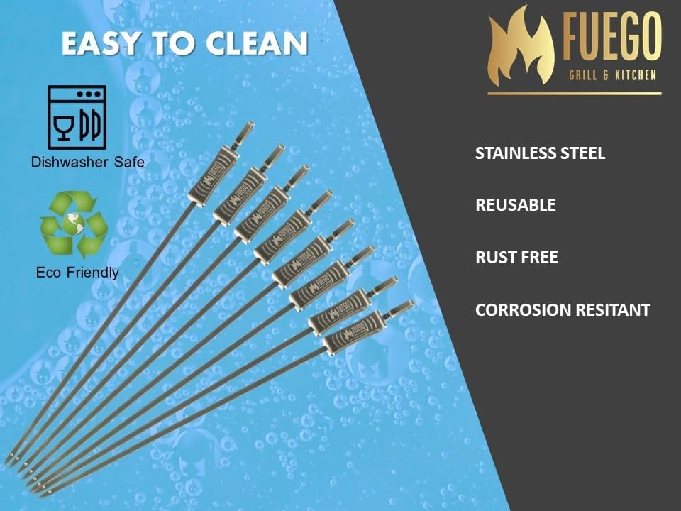 Fuego Skewers for Grilling - 17" Stainless Steel Flat Blade with Push Slider | Reusable & Dishwasher Safe | BBQ Skewers and Shish Kabob | Set of 8