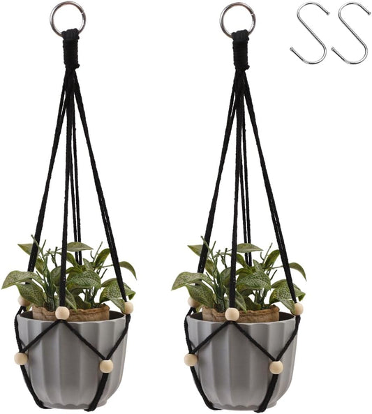 Artilady Black Hanging Planter for Indoor Plants Macrame Plant Hanger Large Hanging Plant Holder Basket with Adjustable Beads Outdoor Window Boho Plant Wall Decor