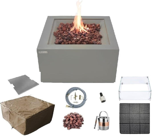 AMS Fireplace | Modeno Ridgefield Package | Light Gray Natural Gas Fire Pit Table for Outside Patio Bundle with Wind Guard, SS Burner Lid | Free Ice Bucket & Rubber Mat