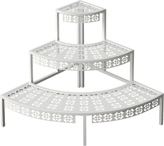 aboxoo 3 Tier Plant Stand Semi-Circular Flower Pot Organizer Rack Quarter Round Plant Display Holder Outdoor Storage Shelves Metal Corner Shelf Planter Shelving Ladder Plant Stand for Indoor