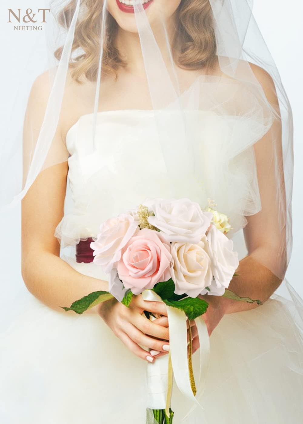 N&T NIETING Artificial Flowers, 25Pcs Fake Rose Flowers Roses for DIY Wedding Bouquets Centerpieces Bridal Shower Party Home Flower Arrangement Decorations, Series Blush Pink