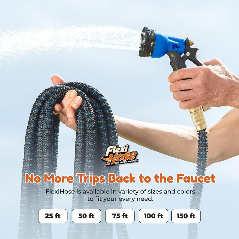 Flexi Hose with 8 Function Nozzle, 50FT - Lightweight Expandable Garden Hose, No-Kink Flexibility, 3/4 Inch Solid Brass Fittings and Double Latex Core