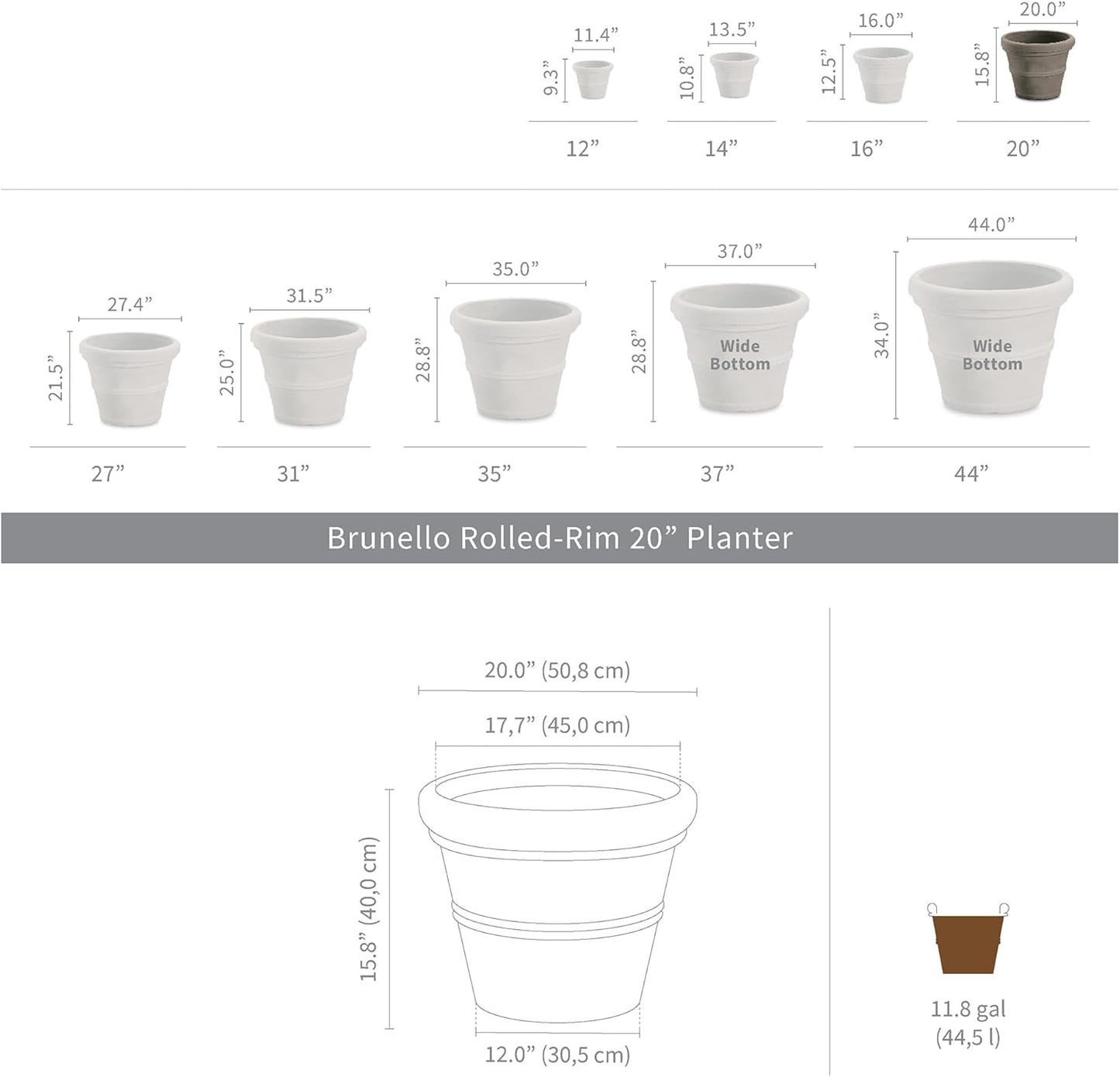 Crescent Garden Brunello Classic Rolled Rim Planter Pot, Indoor/Outdoor Weather-Safe Round Plant Pot, 20'' (Caviar Black)