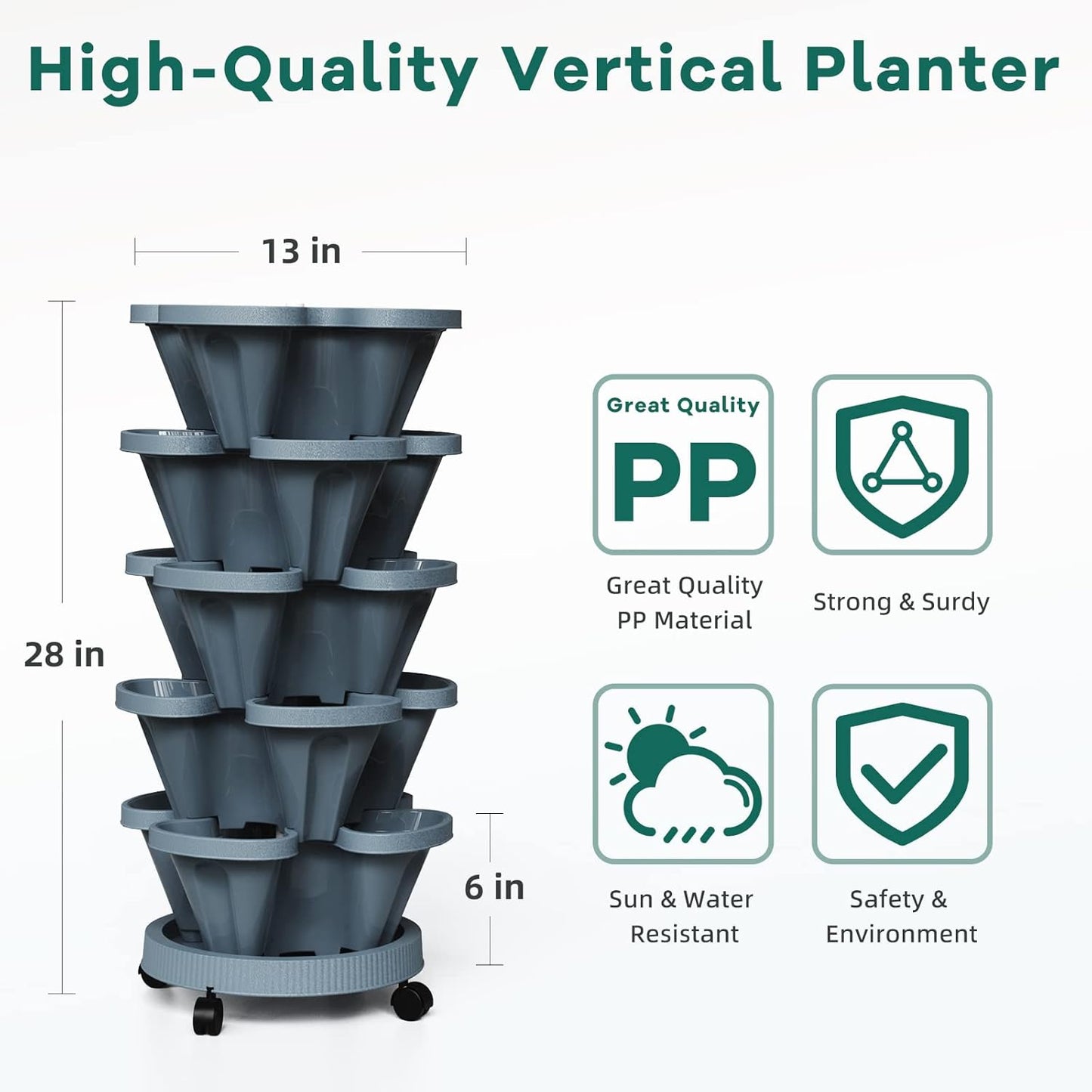 Strawberry Vertical Planters Tower Garden 2 Pack, 5 Tier Stacking Planter with Support Pole, Stackable Herb Planters Indoor Outdoor Dark Grey