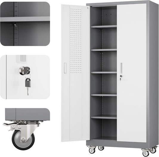 Aobabo 71" H x 32" W x 16" D Metal Storage Cabinet with Wheels, Garage Steel Storage Cabinet with 5 Adjustable Shelves and 4 Hooks for Home Office School, Assembly Required, Grey White