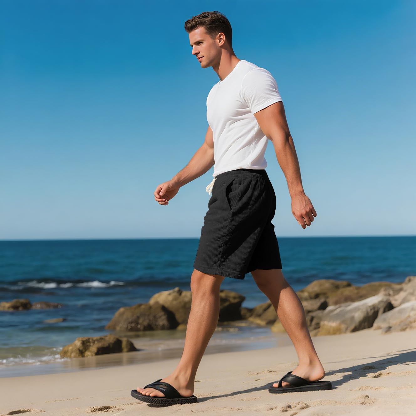 Mens Cargo Shorts Casual Drawstring Elastic Waist Corduroy Summer Beach Shorts with Pockets