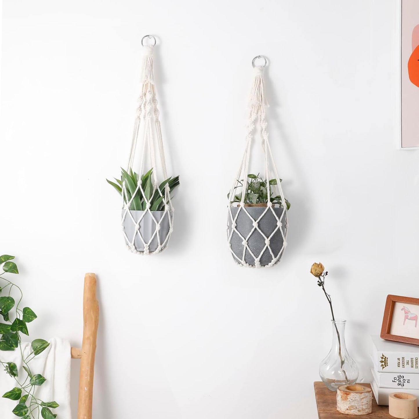 Artilady Macrame Plant Hanger Large Hanging Planter for Indoor Plants Holder White Cotton Rope Hanging Plant Basket Handmade Outdoor Window Boho Plant Wall Decor