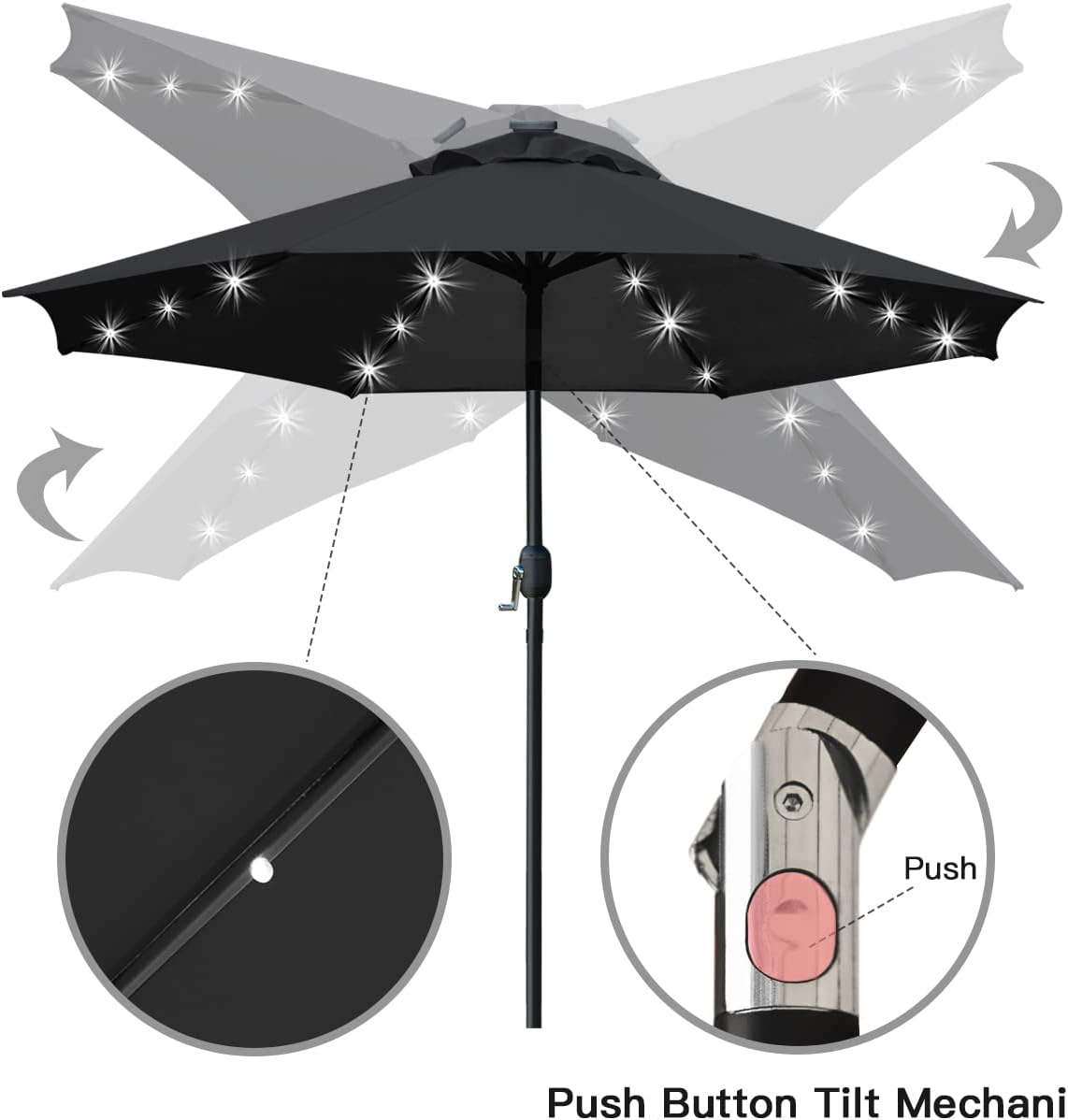 Sunnyglade 9' Solar LED Lighted Patio Umbrella with 8 Ribs/Tilt Adjustment and Crank Lift System (Black)