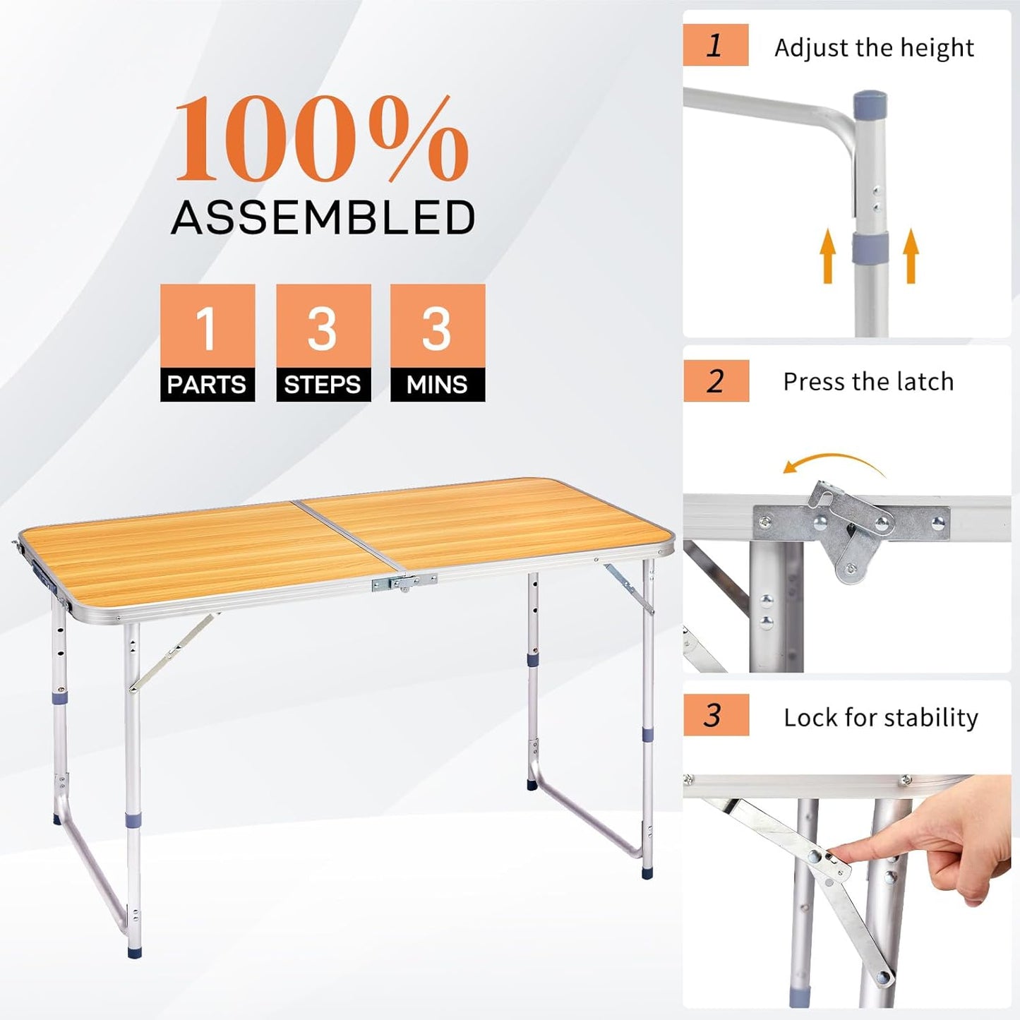 Outvita 4ft Portable Folding Camping Table, Outdoor Waterproof Adjustable Height Table, Aluminum Lightweight Suitcase Foldable Table for Picnic BBQ Beach Dining
