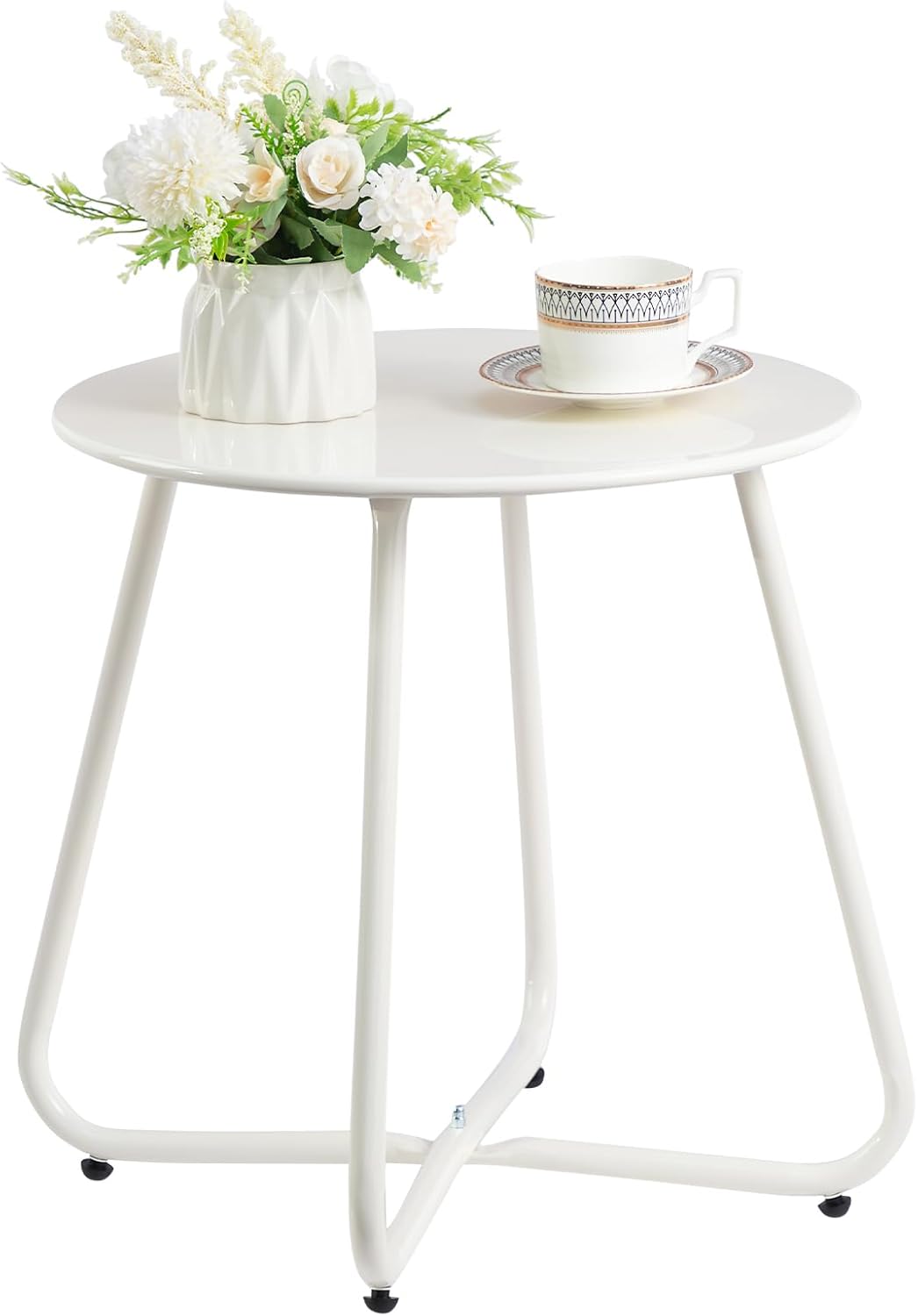 HollyHOME Round Metal Side Table, Rust-Resistant Patio Small Plant Stand, Outdoor 17.32'' Portable End Table for Balconies, Gardens, Living Rooms and Bedrooms, White