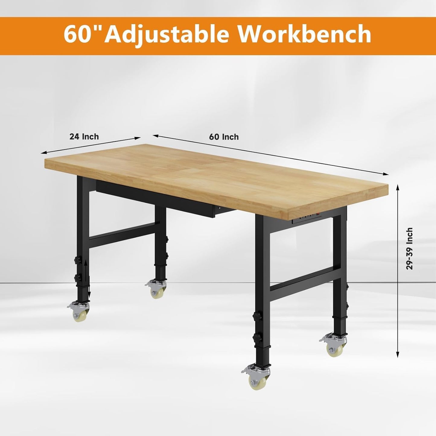 60" Work Bench with Wheels, Adjustable Height Workbench with Drawers, Heavy-Duty Work Table with Power Outlets, 2000 LBS Capacity Workstation for Garage, Workshop, Office, Home