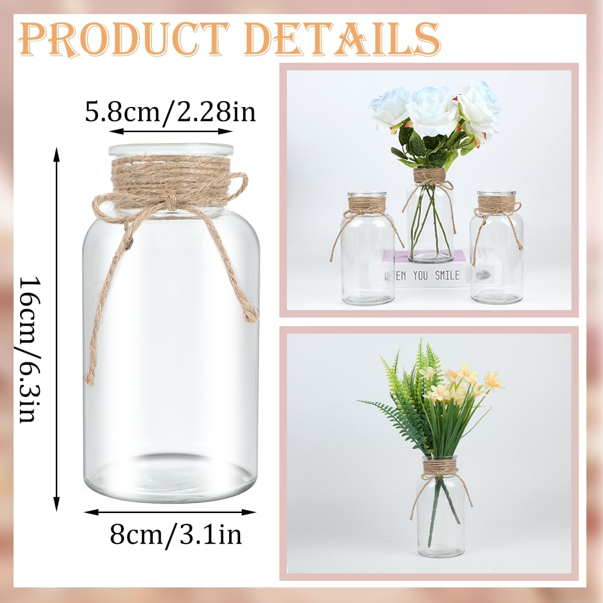 Vintage Glass Flower Vase，6 Pack FarmhouseTransparent White Glass Centerpiece Vases Mason Jars for Weddings, Parties & Home Decor Bulk (6, Transparent)