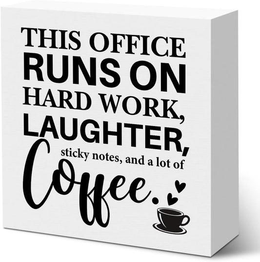 Farmhouse Office Desk Accessories Wooden Box Sign, Positive, This Office Runs on Hard Work Wooden Sign Decorations for Table Shelf, Tabletop Coffee Decor
