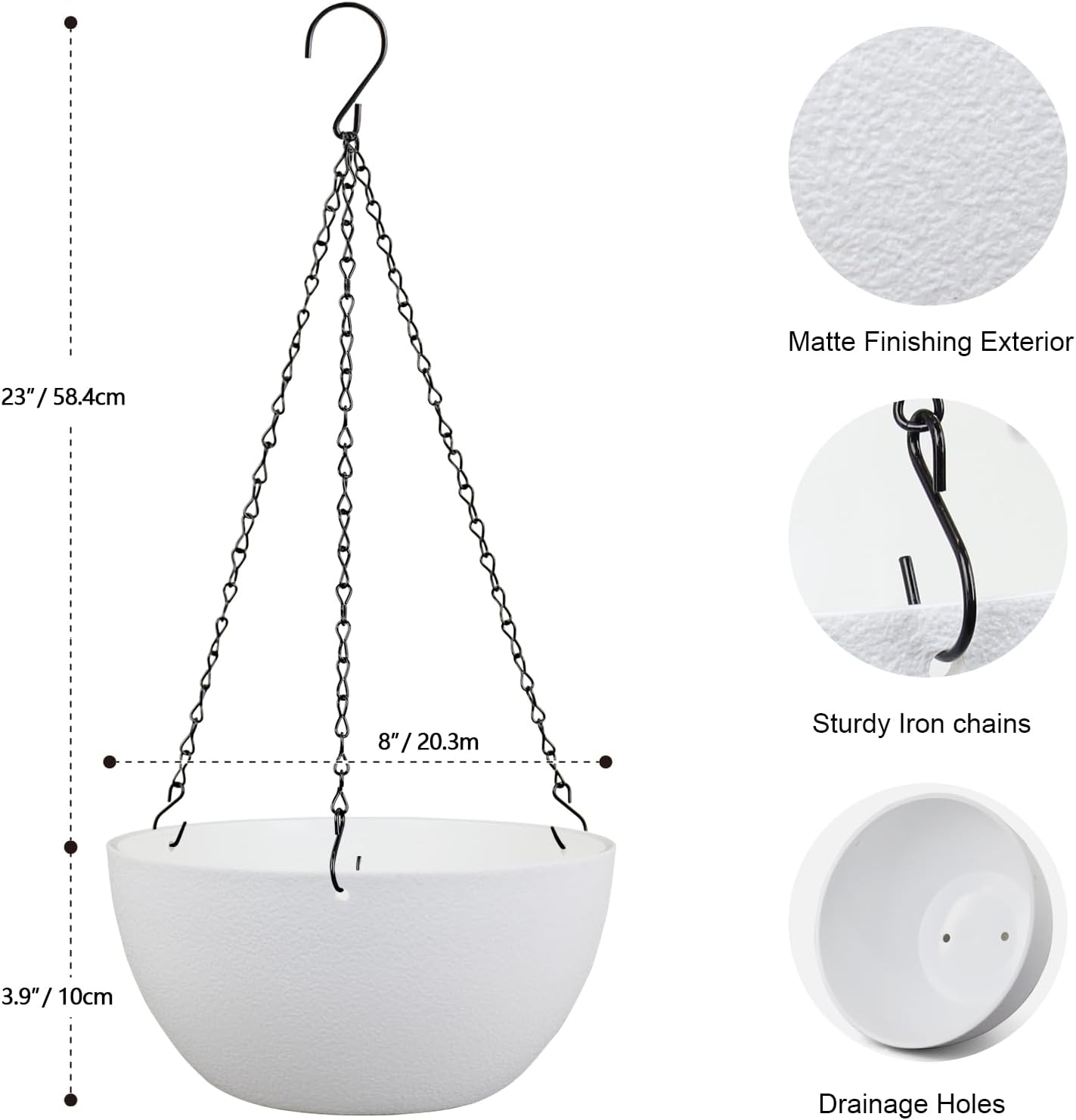 8 inch Small Hanging Planters for Indoor Outdoor Plants, 2 Pack Hanging Flower Pots with Drainage Holes and Chain for Garden Porch, Plastic Hanging Baskets for House Plants, White