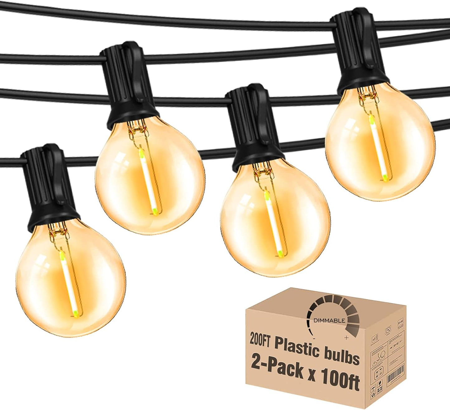 Outdoor String Lights 200FT Waterproof Globe String Lights with 104 Shatterproof G40 LED bulbs, Dimmable Connectable Patio Light String Lights for hanging Bistro Backyard Gazebo,2-Pack x 100ft
