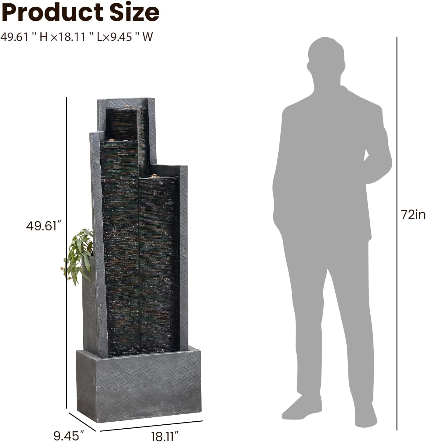 49.6" H Modern Water Outdoor Fountain,Garden Cascading Indoor Resin Water Fountains Tall Floor - Standing Fountain with LED Light for Patio, Yard, Deck and Home Decor