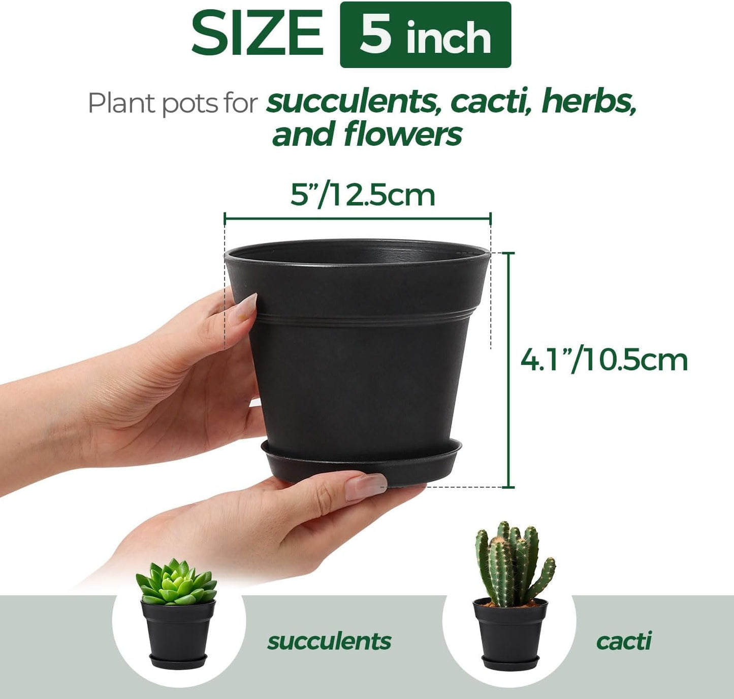 T4U 5 Inch Plant Pot 8-Pack, Plastic Pots with Drainage Hole and Saucer, Decorative Flower Pots Bulk for African Violet, Snake Plant, Succulent and All House Plants Indoor (8pcs 5" Pots, Black)