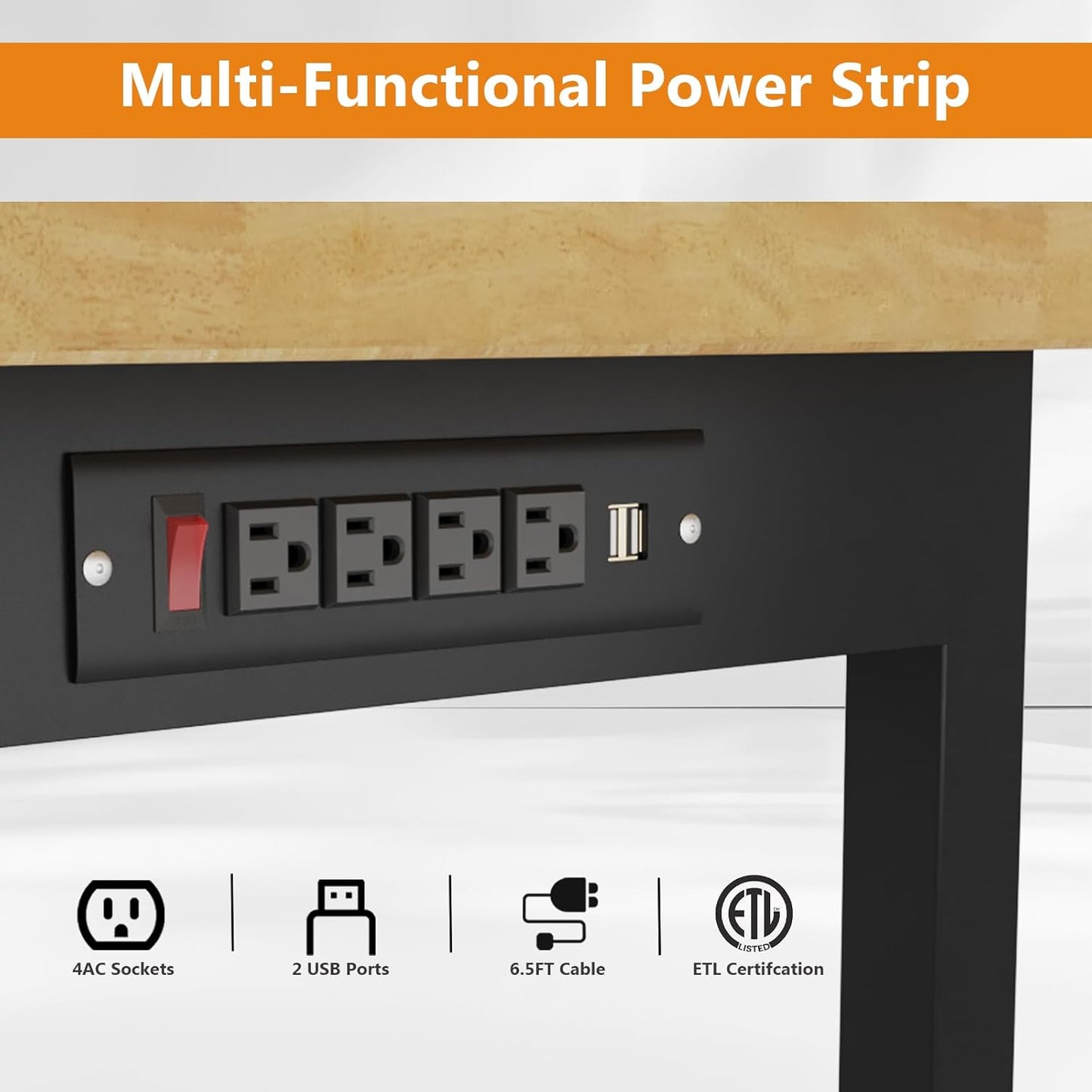 48" Work Bench, Adjustable Height Workbench with Rubber Pad, Heavy-Duty Solid Wood Work Table with Power Outlets, 2000 LBS Capacity Workstation for Garage, Workshop, Office, Home