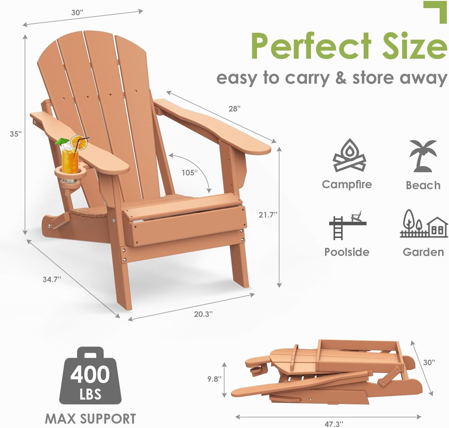 GREENVINES Folding-Adirondack-Chairs-Set-of-6 | HDPE Plastic | Fire Pit Chair | All Weather | Cup Holder | Teak | for Deck Backyard Patio Outdoor Garden