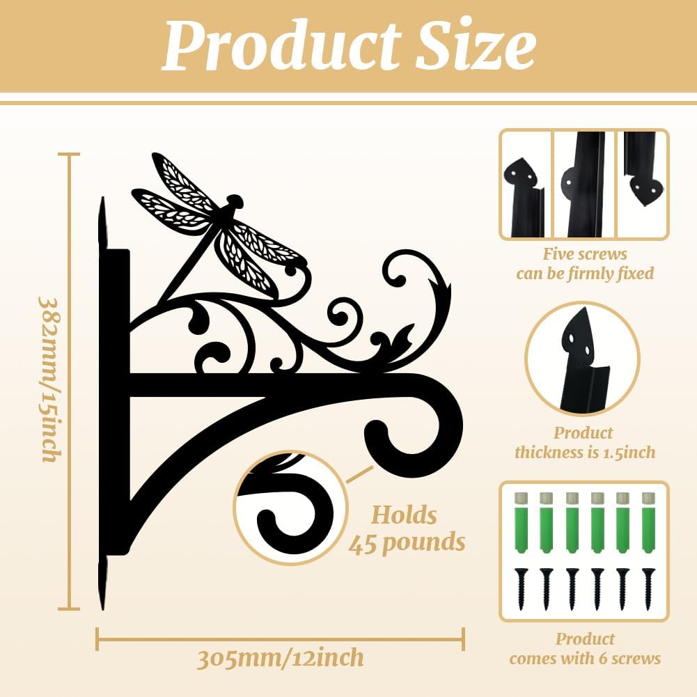 peacoblue Iron Plant Hangers Hooks for Outdoor Indoor Hanging Plants Flower Fern Pots Lantern Bird Feeder, 12"x15" Weather Resistant Metal Wall Holder for Porch Garden Farmhouse(Vintage Dragonfly)