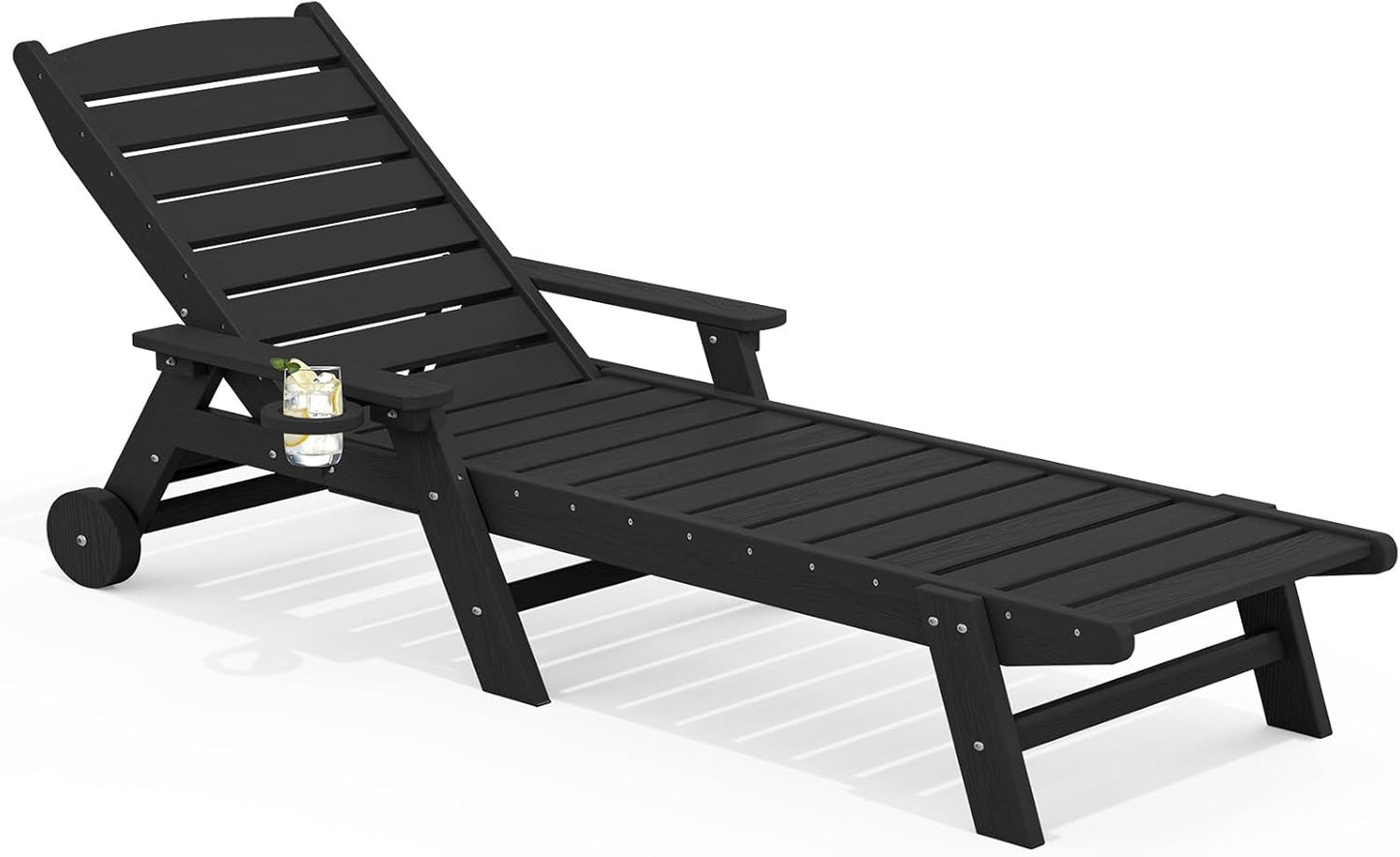 SERWALL Patio Chaise Lounge Chair, 78'' Long HDPE 5 Positions Adjustable Outdoor Lounger, Poly Lounge Chair with Rolling Wheels & Cup Holder for Pool, Obsidian Black