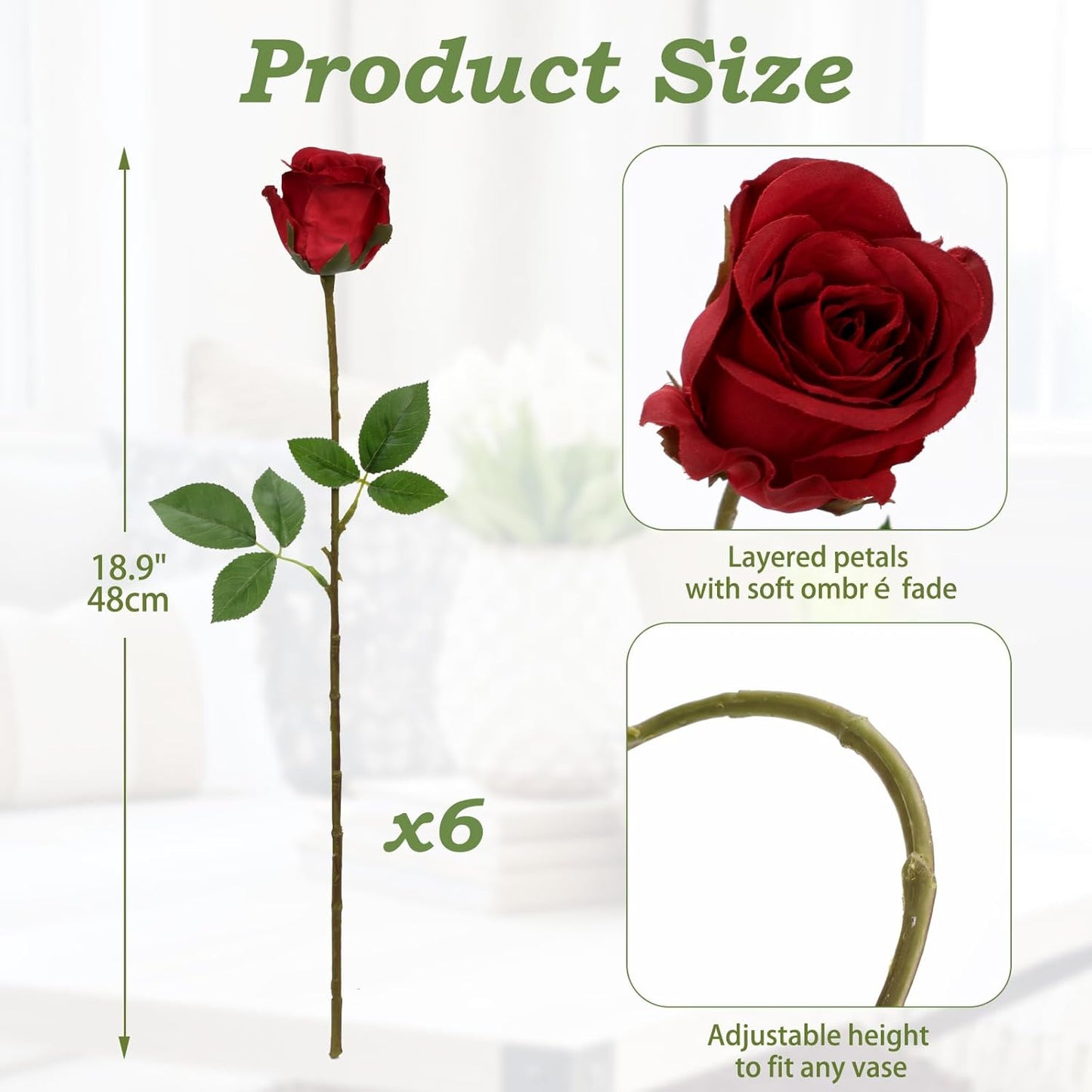 Briful Red Artificial Roses – 6PCS 18.9" Silk Rose Faux Flowers with Long Stems Realistic Fake Rose Bouquet for DIY Wedding Arrangements Table Vase Centerpieces Home Event Decor