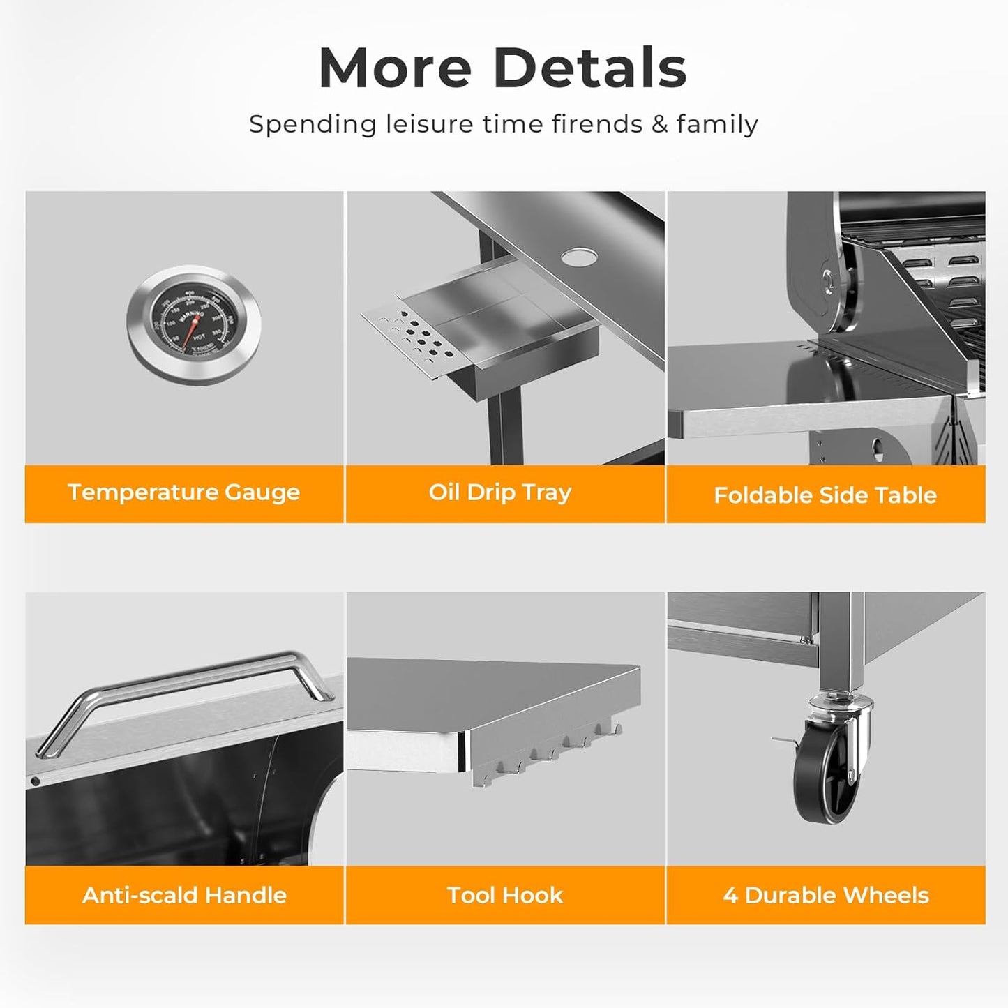 R.W.FLAME Stainless Steel Propane Gas Grill, 3 Burner 24000BTU BBQ Grills, Foldable Side Table, Enamel Wire Grate, Removable Grease Tray, Barbecue Grill for Outdoor Cooking, Backyard, Patio, Deck